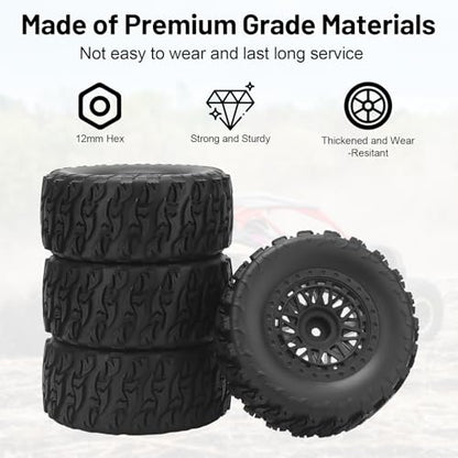1/10 RC Short Course Truck Tires, daitoku 12mm Hex RC Wheels and Tires for 1/10 Traxxas TRX4 Slash Arrma Losi Tenacity Vkar 10sc Hpi - Style A (Black) - style: Style A