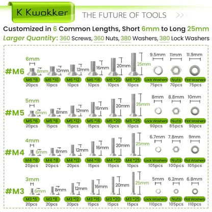 M3 M4 M5 M6 Nuts and Bolts Assortment Kit, Hex Socket Flat Head 24 Sizes 6mm to 25mm Metric Bolt Assortment, 304 Stainless Steel Machine Screws, Bolts and Nuts Kit w/Washers, Silver 1485Pcs - size: G. M3 M4 M5 M6