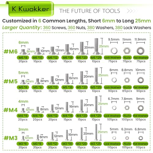 M3 M4 M5 M6 Nuts and Bolts Assortment Kit, Hex Socket Flat Head 24 Sizes 6mm to 25mm Metric Bolt Assortment, 304 Stainless Steel Machine Screws, Bolts and Nuts Kit w/Washers, Silver 1485Pcs - size: G. M3 M4 M5 M6