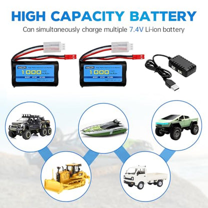 2PCS 7.4V 1000mAh 2S JST Plug Li-ion Battery with 2-in-1 Charger for RC Car,Stunt Flip Vehicle,Truck,Engineering Vehicle,RC Boat,Excavator,Toy Car Model,Off-Road Vehicle Battery