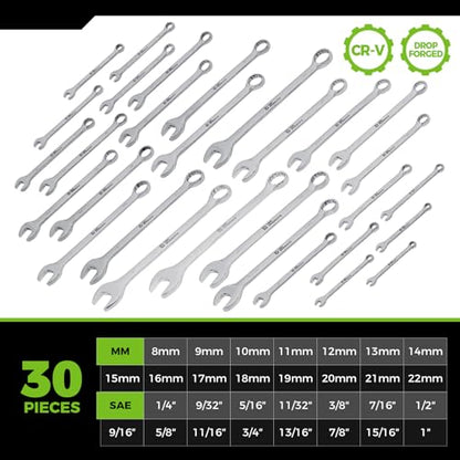 Der Erwachte 30pc Combo Wrench Set SAE Metric 1/4-1 8-22mm Storage Pouch | Made of durable Cr-V steel, dual open & box ends, sturdy build, for automotive maintenance and household repair - size: 30 Piece (Metric+Sae)