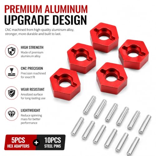 5PCS 12mm RC Wheel Hex Hub Adapter, CNC Aluminum Upgrade Set | CNC aluminum hubs improve wheel stability with anti-loosening pins. Designed for 1/10 RC cars and upgrade applications
