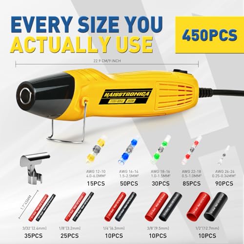 haisstronica Solder Seal Connectors and Tubing Kit, Mini Heat Gun, 450PCS | Wire Gauge Markings, Low-Melt Solder Rings, 2 Heat Settings, Removable Bins, Automotive and Trailer Wiring - size: 450PCS