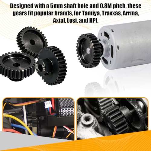 3-Pack Steel Metal 0.8M 5mm Pinion Motor Gear Sets 31T Compatible with HPI Kyosho Losi Axial Tamiya 1/8 1/10 RC Car Monster Truck Buggy, 0.8 Module Gear for Traxxsa Arrma - style: 3Pcs 31T