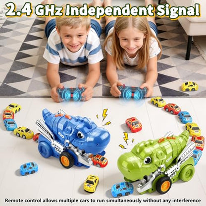 Intoypad RC Dinosaur Eating Car Toys for Kids, 2.4GHz Dino Remote Control Car Toy with 6 Magnetic Cars & Music Dino Truck Birthday Gifts Toys for 3 4 5 6 7 8 9 10 11 12 Year Old Boys Girls (Green) - color: Green
