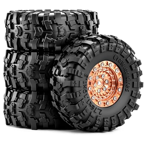 1.3" Beadlock Wheels and Tires for SCX24 TRX4M RC Crawler (Bronze) | CNC Aluminum Beadlock Wheels, Ultra-Soft Sticky Rubber Tires, Built-in Foam Inserts, 70*28mm - color: Bronze 368 F