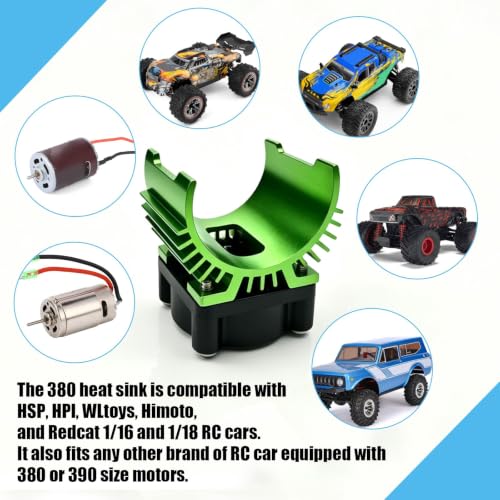 Aluminum 370/380/390 Motor Heatsink Cooling Fan with Y Cable Dupont Fits for 16101 16102 16103 16104 16106 16201 SCY JJRC C8805 MJX HBX HSP Wltoys Himoto Redcat 1/16 1/18 RC Car, (Green) - style: Green