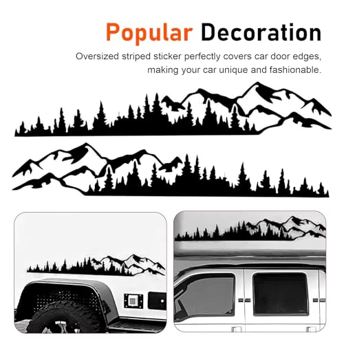 2 PCSCar Mountain Tree Forest Decals, 39.4" x 6.7" Mountain Tree Graphic Stickers, Waterproof Car Body Side Door Truck Tailgate Exterior Decoration, Universal for Cars SUVs Off-Roads (Black)