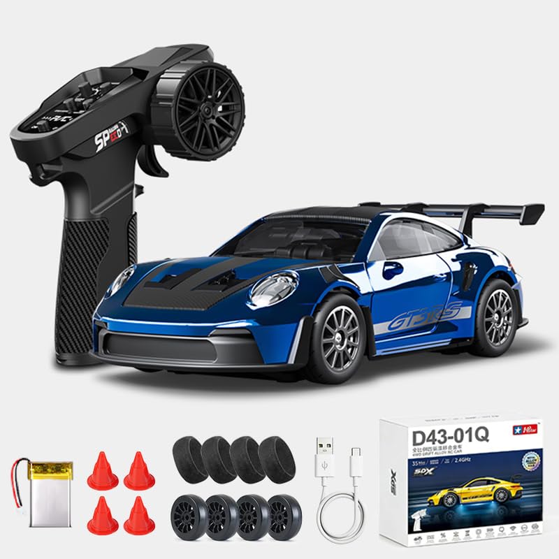 1:43 RC Drift Car D43-01 - 2.4G Full Proportional 4WD Alloy 20KM/H High Speed RC Racing Car with Gyro, Silent Bearings, Adjustable Speed & Lighting(Q8/Blue/D43-01) - color: Q8/Blue, size: D43-01