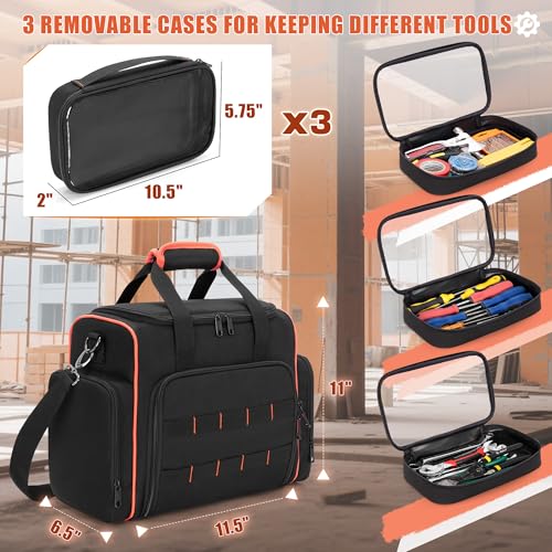 Marscamd Tool Bag with 3 Removable Cases, 2 Layers Tool Tote for Hand Tools | with Front Molle Straps & Detachable Shoulder Strap, Black with Red Binding - color: Black with Red Binding