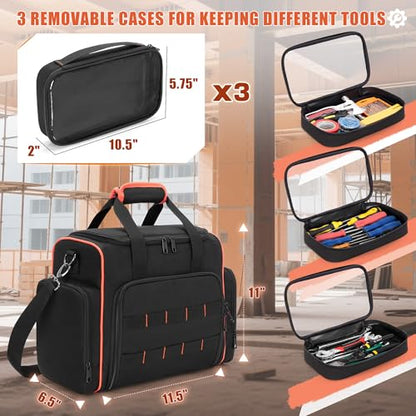 Marscamd Tool Bag with 3 Removable Cases, 2 Layers Tool Tote for Hand Tools | with Front Molle Straps & Detachable Shoulder Strap, Black with Red Binding - color: Black with Red Binding