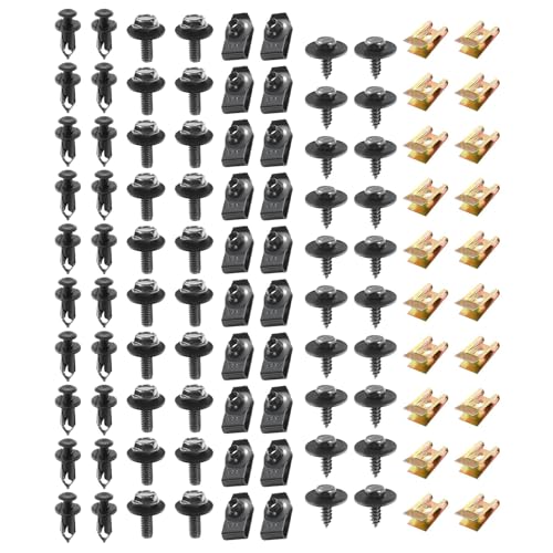 100 PCS Automotive U Clips and Screws Kit, Body Bolts and Clips Assortment Kit, Self Tapping Bumper Fender Screws Fasteners, Suitable for Body Bumper Fender Trim Panels Splash Shield (Black)