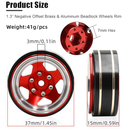 1.3 Beadlock Wheel - Aluminum & Brass Wheel Rims for TRX4M SCX24 1/18 1/24 | Brass Negative Offset 1.3” Wheel Hub Width 15mm OD 37mm with 7mm Hex Fit FMS Ascent-18 RC Car Off Road Tire, 4pcs (Red) - color: Red