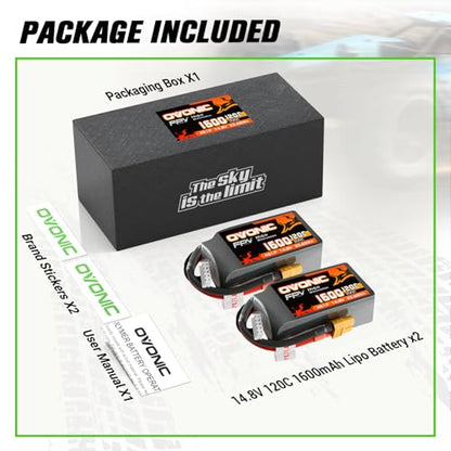 OVONIC 4S 1600mAh Lipo Battery 14.8V 120C Battery with XT60 Plug for RC Car Truck RC Vehicles Boat Drone RC Airplane Quadcopter Helicopter FPV Racing Hobby Models [1 Package Including 2 Batteries]