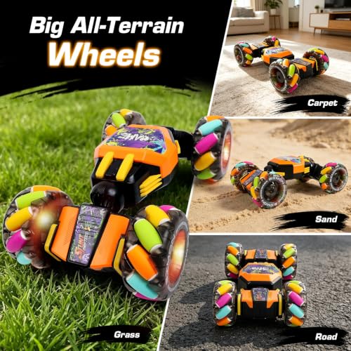 Gesture Sensing RC Stunt Car for Kids 6-12, 4WD Hand Controlled with Rainbow Wheels, Light & Music, Program & Play