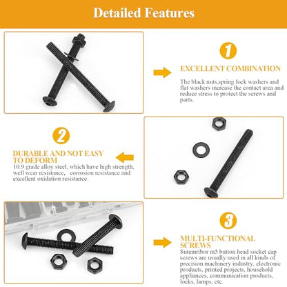 105 Pieces M5 x 30/35/40/45/50mm Button Head Socket Cap Screws Nuts Washers Set Black, Sutemribor M5 Long Screws, M5 Black Screws Nuts Washers Assortment Kit, 10.9 Grade Alloy Steel, Fully Threaded - size: M5 x 30-50mm, style: Button Head
