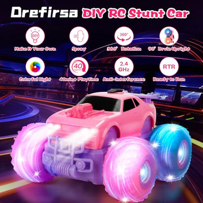 Drefirsa Princess Remote Control Car, Pink Monster Truck Girl Age 4-7 8-12 | DIY Sticker, Colorful Wheel Lights, Headlight, Stunt Car, Mist Spray, Toy for 3 4 5 6 7 8 Year Old Girl Birthday Gift - color: Pink