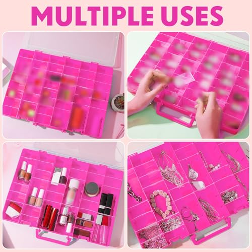 2 Pcs 48 Grids Plastic Bead Organizer Box with Divider, Pink - color: Pink