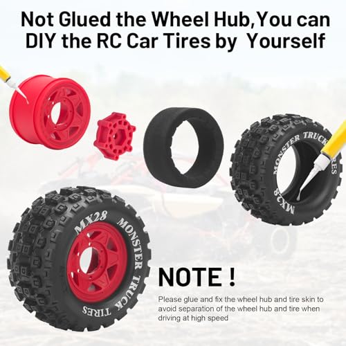 MX28 F/R 2.8" RC Car Tires with 12mm/14mm Hex Adapter RC Wheels and Tires Set 1/10 RC Truck Wheel for Arrma Big Rock Granite Traxxas Rustler Stampede VORTEKS 3S 4PCS (Style B) - Red - color: Red
