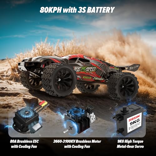 Hosim Mini 1:8 Brushless RC Cars for Adults, VEXARO 50+MPH Fast RC Trucks | 3660 3100KV Brushless Motor & 80A ESC, 2* 2600mAh 3S Lipo, Chrome Steel Central Transmission, All-Metal Oil-filled Shocks - color: Red