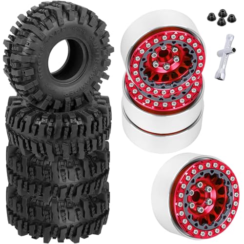 RC 1.9 Beadlock Wheels and Tires for 1/10 TRX4 TRX6 SCX10 SCX10 II 90046 SCX10 III AXI03007 SCX10 Pro Gen7/8 D90 VS4-10 MST CFX RC Crawler Car,4PCS Beadlock Rims 1.9 Wheel Tires,Red - color: Red - (1.9 Beadlock Wheels)