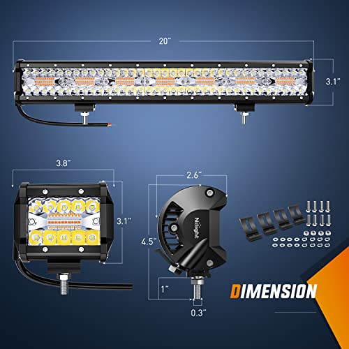 Nilight 20inch Light Bar 4inch Pod Amber White Strobe 6 Modes Light Kit | Constant/Flash 6 Modes Auxiliary Lights, Spot-Flood Combo Beam, 22" 420W bar 2×4" 60W Pod light w/ Wiring Harness - color: Amber&White - 20Inch Light Bar + 2Pcs 4Inch Pods + Wiring