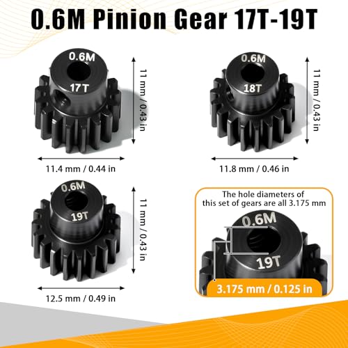 3PCS 0.6M Hardened Steel Pinion Gear Set with 3.175mm Shaft, 0.6 Metric Pitch 17T 18T 19T Pinion Gears for 540 550 Brushed Brushless Motor, Compatible with 1/10 Tamiya Redcat HSP HPI RC Car - size: 17 18 19T