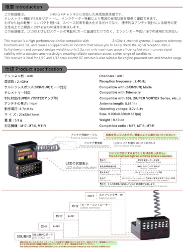 FH5 4 Channel Surface Receiver with Antenna DSK-493L, Super Response, SSL Telemetry, for M17 MT-5 MT-R Transmitter 1/10 1/12 RC Car Model Part
