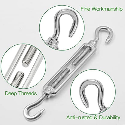 6PCS M6 Hook & Hook Turnbuckle 304 Stainless Steel Turnbuckle Wire Rope Tension Heavy Duty Turnbuckles for Cable Railing Wire Rope Hardware Kit (M6, Hook & Hook) - style: Hook & Hook-M-6