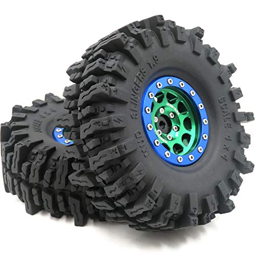 Soft Sticky 1.9 Mud Slingers Tires T8 Tyre 120mm/4.72inch & 1.9 Beadlock Wheels Green Blue Color For 1/10 Rock Crawler Traxxas TRX4 Axial SCX10 Redcat Gen8, (4-Pack) - color: Green & Blue