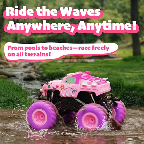 Threeking 1:16 Amphibious Monster Truck Pink Remote Control Car for Girls | Waterproof Durable 4WD Off-Road RC Crawler Cars Pick-Up Unique Toys Gifts for Ages 6-12 - color: Pink