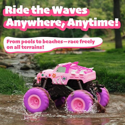 Threeking 1:16 Amphibious Monster Truck Pink Remote Control Car for Girls | Waterproof Durable 4WD Off-Road RC Crawler Cars Pick-Up Unique Toys Gifts for Ages 6-12 - color: Pink