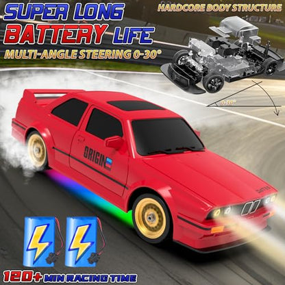Remote Control Cars 1:16 Scale RC Drift Car 2.4Ghz 30KM/H High Speed 4WD RTR Racing Car with Drift Tires LED Lights 2PCS Rechargeable Batteries RC Sport Cars Toys for Adults Boys Girls Kids Gift - color: Red