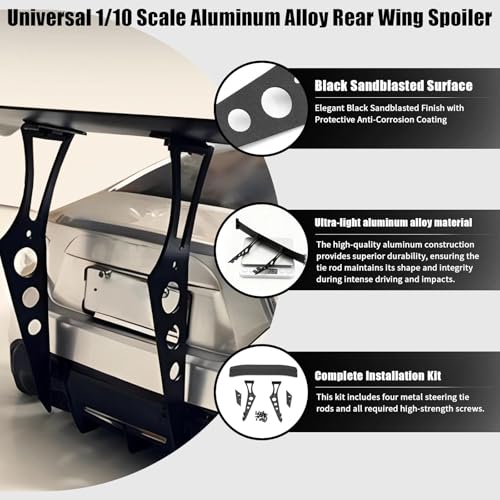 Universal 1/10 Scale Aluminum Rear Wing Spoiler with Black Sandblasted Finish - Easy Install for Tamiya TT-02 TT-01, HSP 94122 94123, FWO6, LC Racing, PTG & PTG2