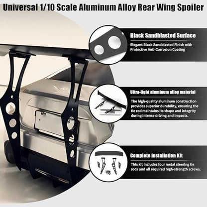 Universal 1/10 Scale Aluminum Rear Wing Spoiler with Black Sandblasted Finish - Easy Install for Tamiya TT-02 TT-01, HSP 94122 94123, FWO6, LC Racing, PTG & PTG2