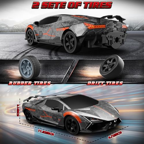RC Drift Car, 1:16 Remote Control Car 2.4Ghz High Speed RC Cars 4WD Racing Sport Toy Cars with LED Lights, Spray, Drifting Tires, 2 Batteries for Kids Boys Girls Adults Birthday Christmas - color: Silver