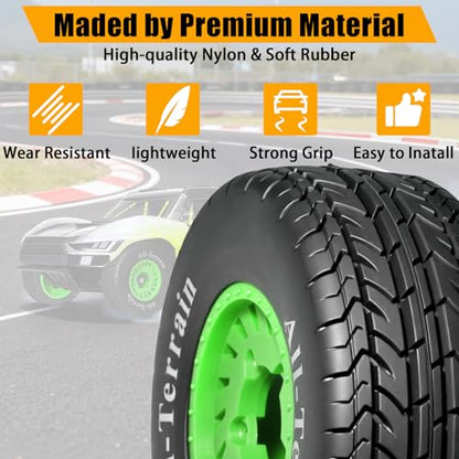 1/10 RC Short Course Truck Rubber Tires & Nylon Rims - 12mm/17mm Hex, Green | All-Terrain Tires and Wheels Compatible with 1/10 Traxxas Slash 4WD 2WD Arrma Senton Axial Losi Redcat RC Buggy, 4-Pack - color: Green