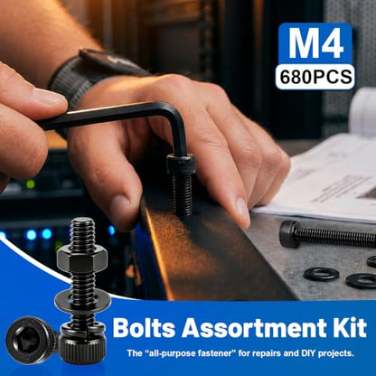680Pcs M4 Screw Hex Socket Head Cap Bolt Kit 6-30mm 12.9 Alloy Steel | Black Zinc-Plated Metric Allen Bolts Nuts Flat Spring Washers Allen Wrench Assorted Hardware for DIY, 3D Printing Furniture - size: G12.9 M4 680PCS