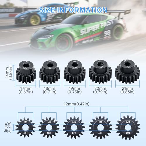 Metal Steel M1 Pinion Gear Sets 15T 16T 17T 18T 19T for 5mm Shaft Motor Gears with Hex Key for 1/8 RC Car Brushless Brush Motor Parts - size: 15T 16T 17T 18T 19T