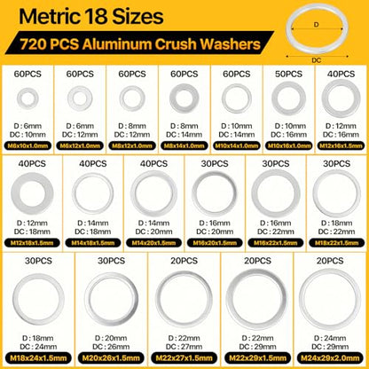 720PCS Crush Washer Kit, Aluminum Oil Drain Plug Gasket Assortment | 18 Sizes Crush Washer Oil Drain Plug, Automotive Engine Crush Washers (M6 M8 M10 M12 M14 M16 M18 M20 M22 M24) - size: 720PCS((M6-M24))