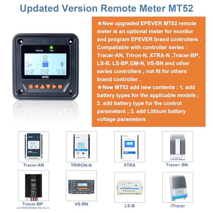 EPEVER MT52 Remote Meter for MPPT Solar Charge Controller 10/20/30/40A ,50/60/80/100A LCD Display Monitoring Setting Datas of Solar Panel Battery Regulator System (MT52) - style: MT50