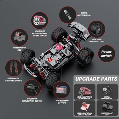 KGF 1:18 Scale All Terrain RC Cars for Adults, 2.4GHz 40KPH High Speed Remote Control Car, 4WD Off Road Monster Truck 4X4 Fast Drift Wheel RC Truck with 2 Rechargeable Batteries - color: Red