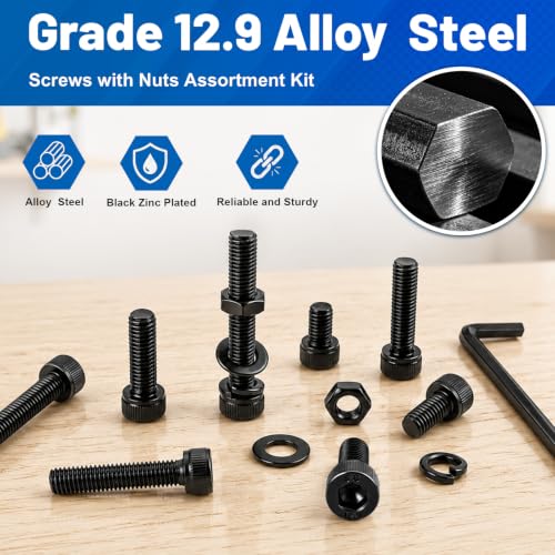 398PCS M5 Socket Head Cap Bolts Kit with Nuts, Flat & Spring Washers | 12.9 Grade Alloy Steel Black Zinc Plated Screws M5-0.8 x8/10/12/16/20/25/30/35 mm Metric Fastener for 3D printer, Furniture - size: G12.9 M5 398PCS