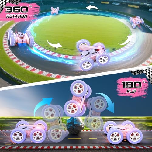 cosone Pink Purple RC Stunt Car for Kids | 360° Rotating Spins, Double-Sided Driving, LED Lights, 2.4GHz Racing Toy, Ages 4-8 8-12 - color: Purple&pink