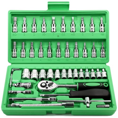 Egofine 46 Pieces 1/4 inch Drive Socket Ratchet Wrench Set, with Bit Socket Set Metric and Extension Bar for Auto Repairing and Household, with Green Storage Case - style: 1/4" 46 PCS-Green
