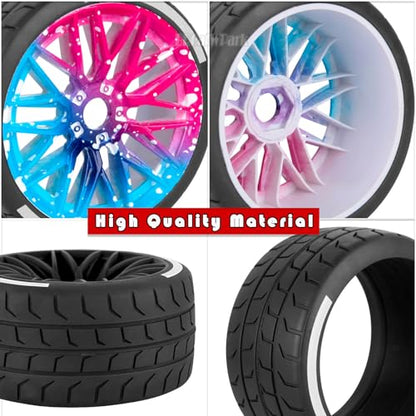 RC Wheels and Tires for 1/7 Felony 6S BLX,RC Highway Wheel Rubber Tires,4PCS RC Drift Car Highway Tires Road Soft Tires,Blue Pink - color: Blue Pink - (4pcs Highwaytires)