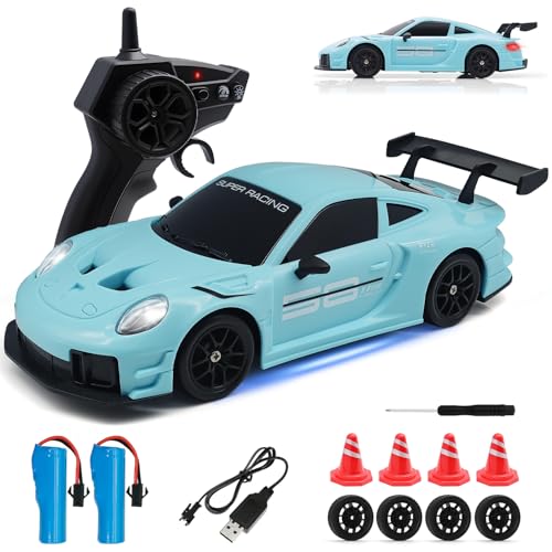 RC Drift Car, 1:24 4WD Remote Control Cars Vehicle with LED Light,2.4GHz 20KM/H High Speed RC Cars with Two Batteries & Drifting Tires Racing Sport Toy for Adults Boys Girls Kids Blue - color: Blue
