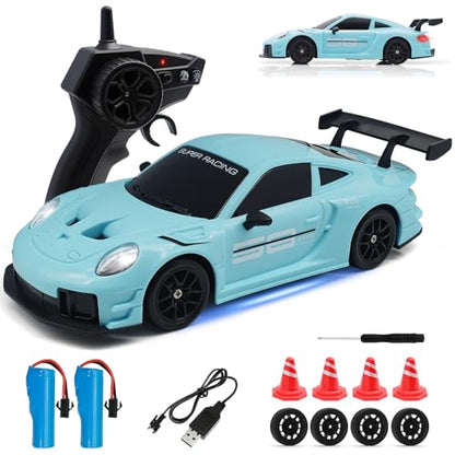 RC Drift Car, 1:24 4WD Remote Control Cars Vehicle with LED Light,2.4GHz 20KM/H High Speed RC Cars with Two Batteries & Drifting Tires Racing Sport Toy for Adults Boys Girls Kids Blue - color: Blue