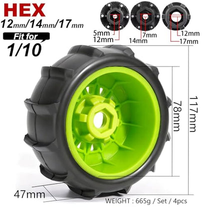Pre-Glued Sand & Snow Paddle Wheel & Tire Set for 1/10 RC Truck Fits Slash, Arrma Fury/Senton, Tekno SCT410, HSP 94155, 117 x 45.5 mm, 12/14/17 mm Hex, 4 pcs, Green - color: Green