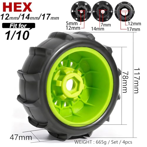 Pre-Glued Sand & Snow Paddle Wheel & Tire Set for 1/10 RC Truck Fits Slash, Arrma Fury/Senton, Tekno SCT410, HSP 94155, 117 x 45.5 mm, 12/14/17 mm Hex, 4 pcs, Green - color: Green